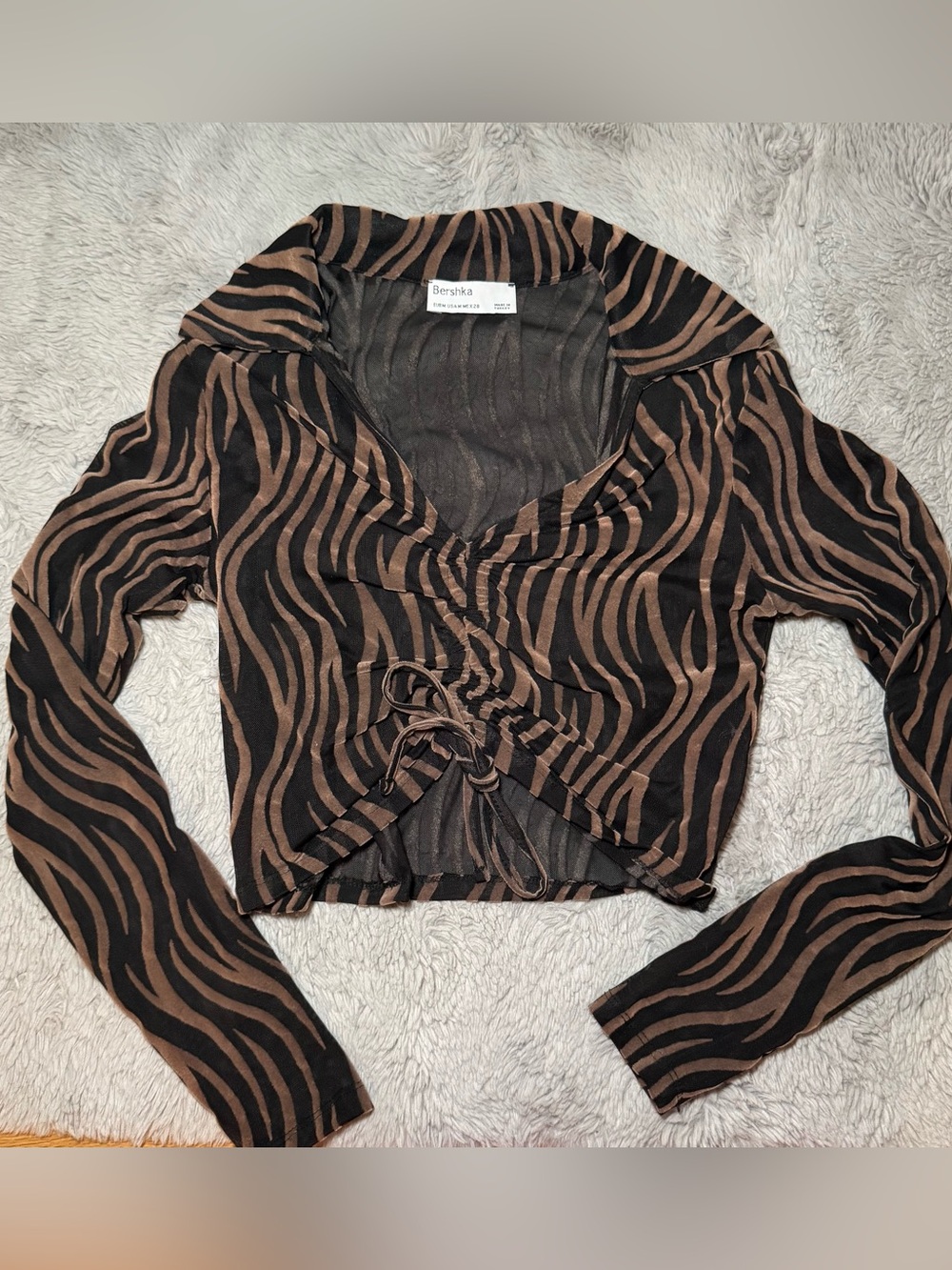 Bershka Brown & Black Zebra Stripe Tie-Front Crop Top
